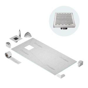 QM Curbless Off-Center Shower Pan Kit 32″ x 63″ with 4″ Delta Square Drain in Polished