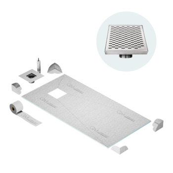 QM Curbless Off-Center Shower Pan Kit 32" x 63" with 4" Delta Square Drain in Polished