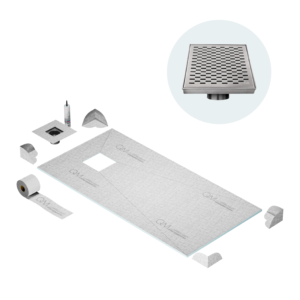 QM Curbless Off-Center Shower Pan Kit 32″ x 63″ with 4″ Delta Square Drain in Satin