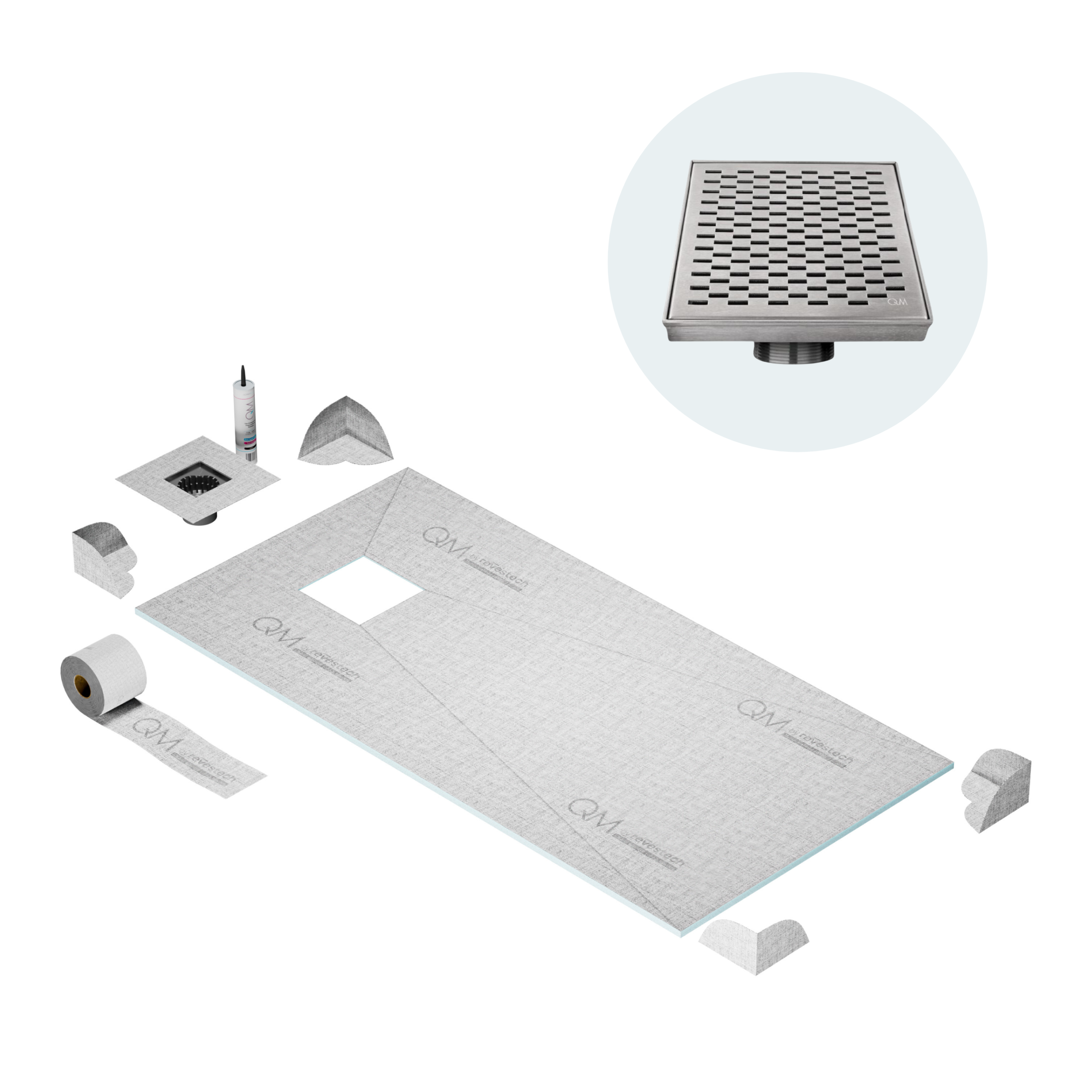 QM Curbless Off-Center Shower Pan Kit 32" x 63" with 4" Delta Square Drain in Satin