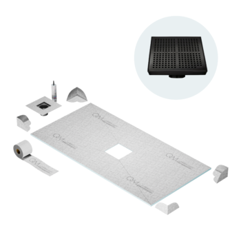QM Curbless Center Shower Pan Kit 32" x 63" with 4" Kai Square Drain in Black