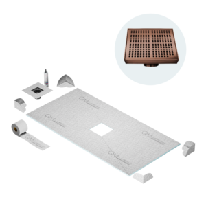 QM Curbless Center Shower Pan Kit 32″ x 63″ with 4″ Kai Square Drain in Bronze