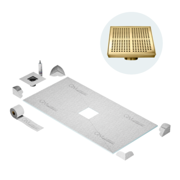 QM Curbless Center Shower Pan Kit 32" x 63" with 4" Kai Square Drain in Gold