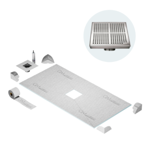 QM Curbless Center Shower Pan Kit 32″ x 63″ with 4″ Kai Square Drain in Polished