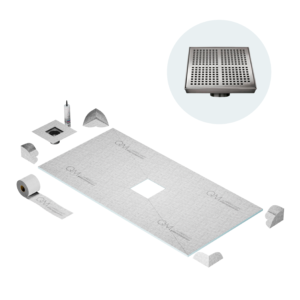 QM Curbless Center Shower Pan Kit 32″ x 63″ with 4″ Kai Square Drain in Satin