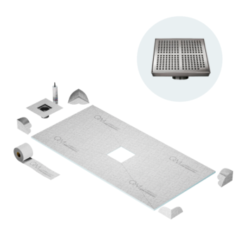 QM Curbless Center Shower Pan Kit 32" x 63" with 4" Kai Square Drain in Satin