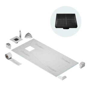 QM Curbless Off-Center Shower Pan Kit 32″ x 63″ with 4″ Kai Square Drain in Black