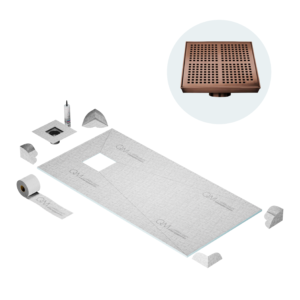 QM Curbless Off-Center Shower Pan Kit 32″ x 63″ with 4″ Kai Square Drain in Bronze