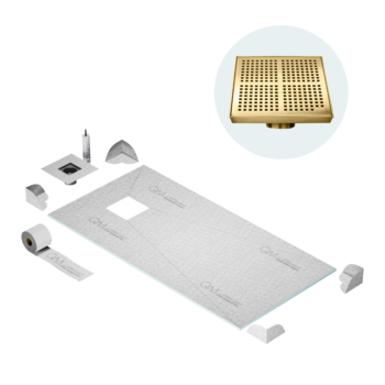QM Curbless Off-Center Shower Pan Kit 32" x 63" with 4" Kai Square Drain in Gold