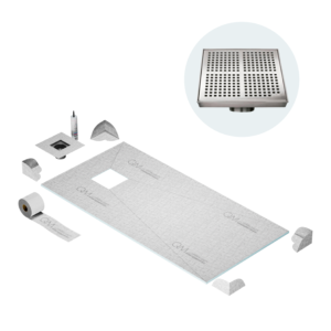 QM Curbless Off-Center Shower Pan Kit 32″ x 63″ with 4″ Kai Square Drain in Polished