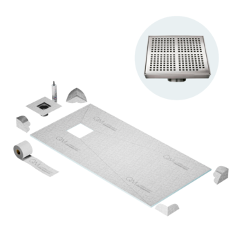 QM Curbless Off-Center Shower Pan Kit 32" x 63" with 4" Kai Square Drain in Polished
