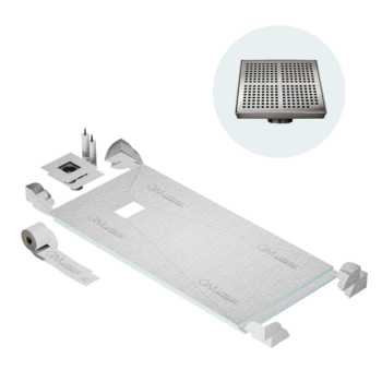 QM Curbless Off-Center Shower Pan Kit 32" x 63" with 4" Kai Square Drain in Satin