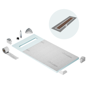 QM Shower Pan Curbless Kit 32″ with a 24″ Kai Linear Drain Flange Edge in Bronze