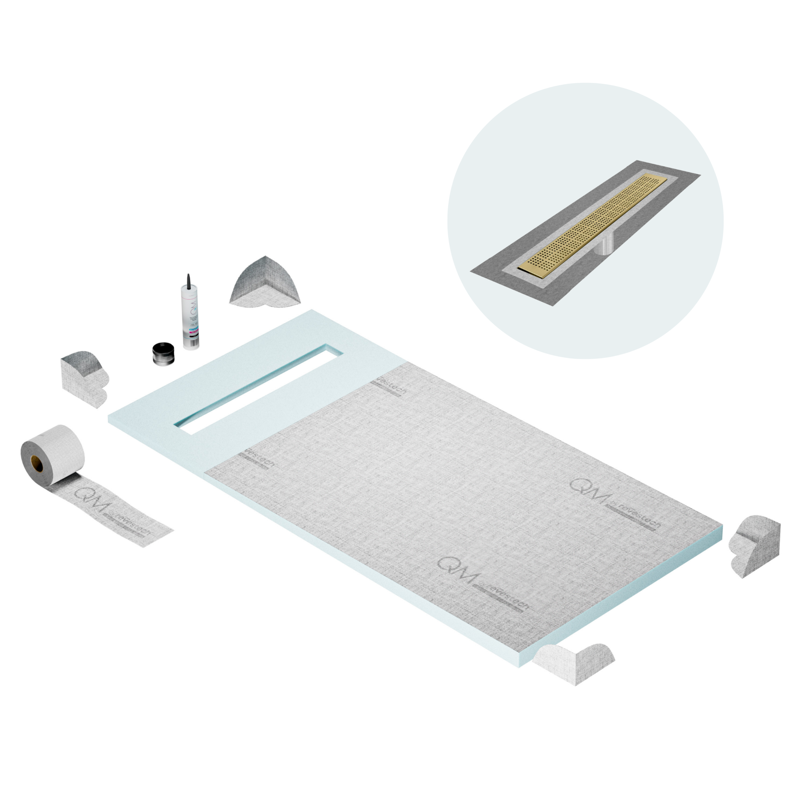 QM Shower Pan Curbless Kit 32" with a 24" Kai Linear Drain Flange Edge in Satin