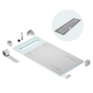 QM Shower Pan Curbless Kit 32″ with a 24″ Kai Linear Drain Flange Edge in Polished