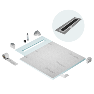 QM Shower Pan Curbless Kit 40″ with a 32″ Kai Linear Drain Flange Edge in Black