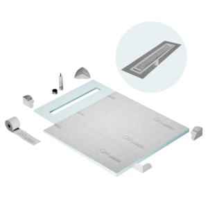 QM Shower Pan Curbless Kit 40″ with a 32″ Kai Linear Drain Flange Edge in Polished