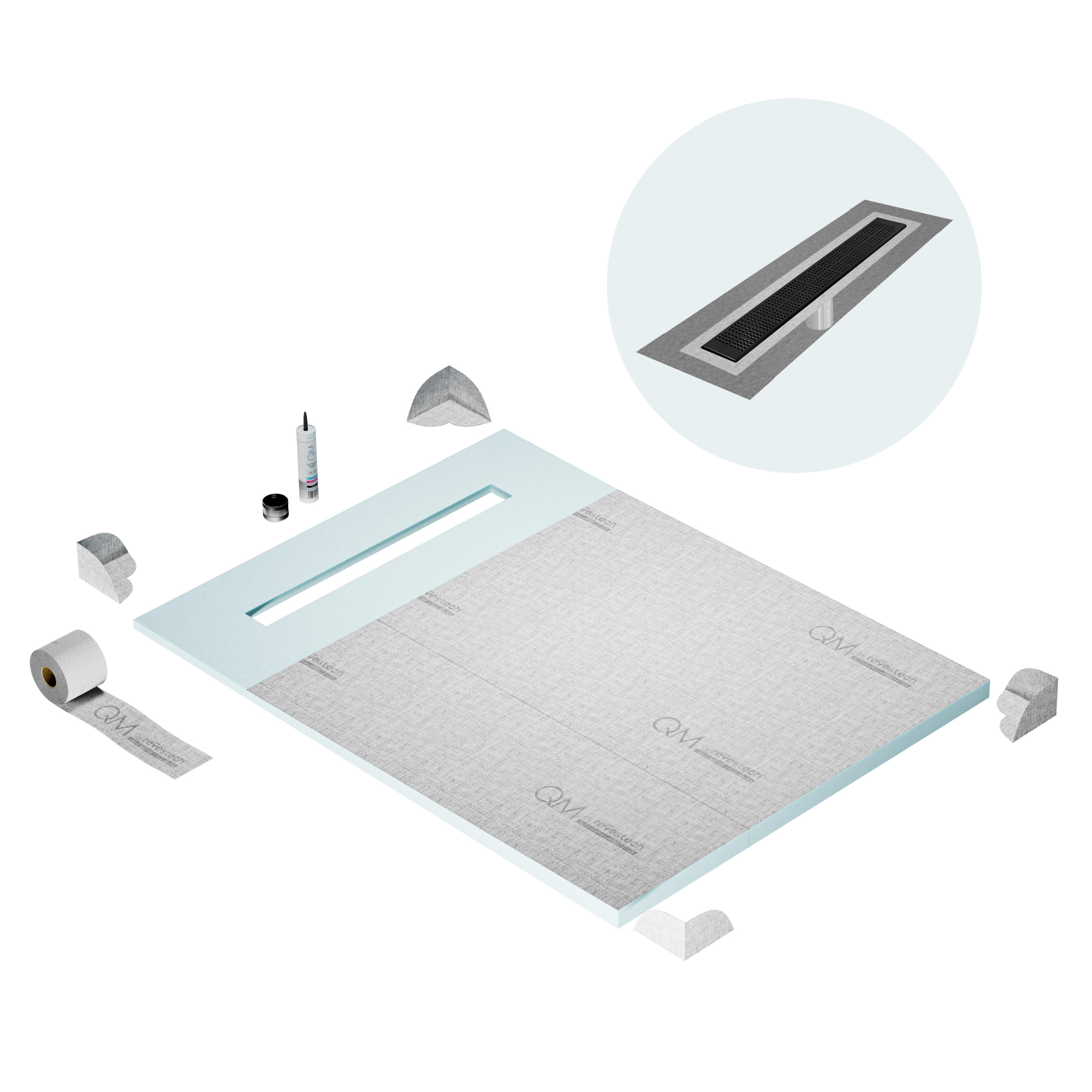 QM Shower Pan Curbless Kit 48" with a 36" Kai Linear Drain Flange Edge in Black