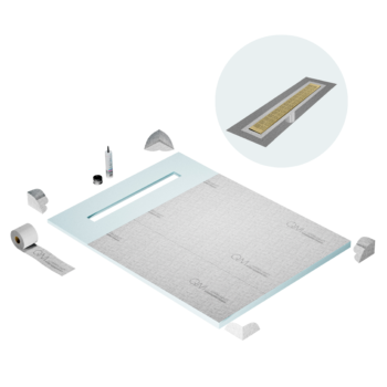 QM Shower Pan Curbless Kit 48" with a 36" Kai Linear Drain Flange Edge in Gold