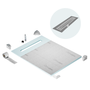 QM Shower Pan Curbless Kit 48″ with a 36″ Kai Linear Drain Flange Edge in Polished