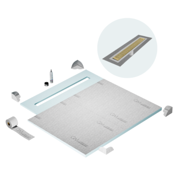 QM Shower Pan Curbless Kit 56" with a 48" Kai Linear Drain Flange Edge in Gold