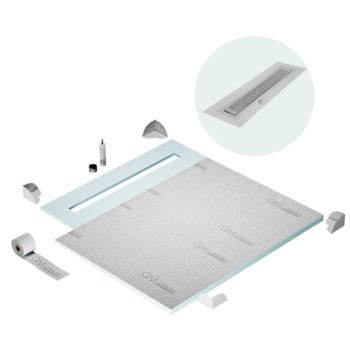 QM Shower Pan Curbless Kit 56" with a 48" Kai Linear Drain Flange Edge in Satin