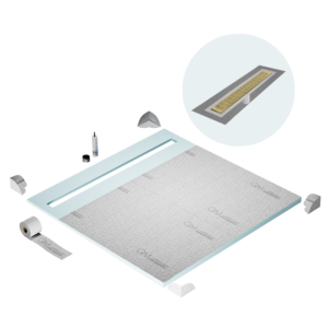 QM Shower Pan Curbless Kit 64″ with a 58″ Kai Linear Drain Flange Edge in Gold