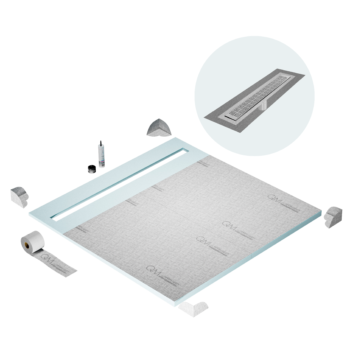 QM Shower Pan Curbless Kit 64" with a 58" Kai Linear Drain Flange Edge in Polished