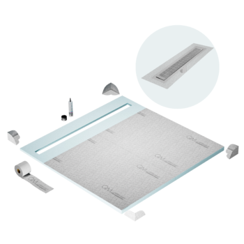 QM Shower Pan Curbless Kit 64" with a 58" Kai Linear Drain Flange Edge in Satin