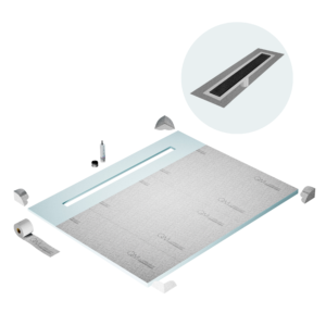 QM Shower Pan Curbless Kit 80″ with a 58″ Kai Linear Drain Flange Edge in Black