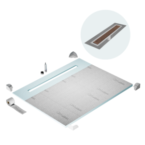 QM Shower Pan Curbless Kit 80″ with a 58″ Kai Linear Drain Flange Edge in Bronze