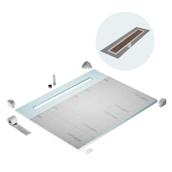 QM Shower Pan Curbless Kit 80" with a 58" Kai Linear Drain Flange Edge in Bronze