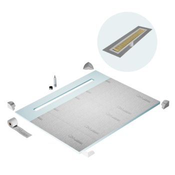 QM Shower Pan Curbless Kit 80" with a 58" Kai Linear Drain Flange Edge in Gold