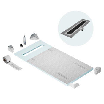 QM Shower Pan Curbless Kit 32" with a 24" Kai Linear Drain Flange Edge Side Outlet in Black