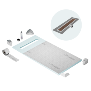 QM Shower Pan Curbless Kit 32″ with a 24″ Kai Linear Drain Flange Edge Side Outlet in Bronze