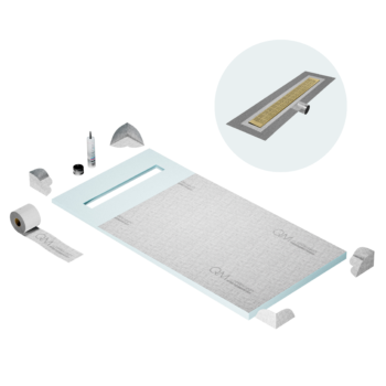 QM Shower Pan Curbless Kit 32" with a 24" Kai Linear Drain Flange Edge Side Outlet in Gold