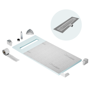 QM Shower Pan Curbless Kit 32″ with a 24″ Kai Linear Drain Flange Edge Side Outlet in Polished