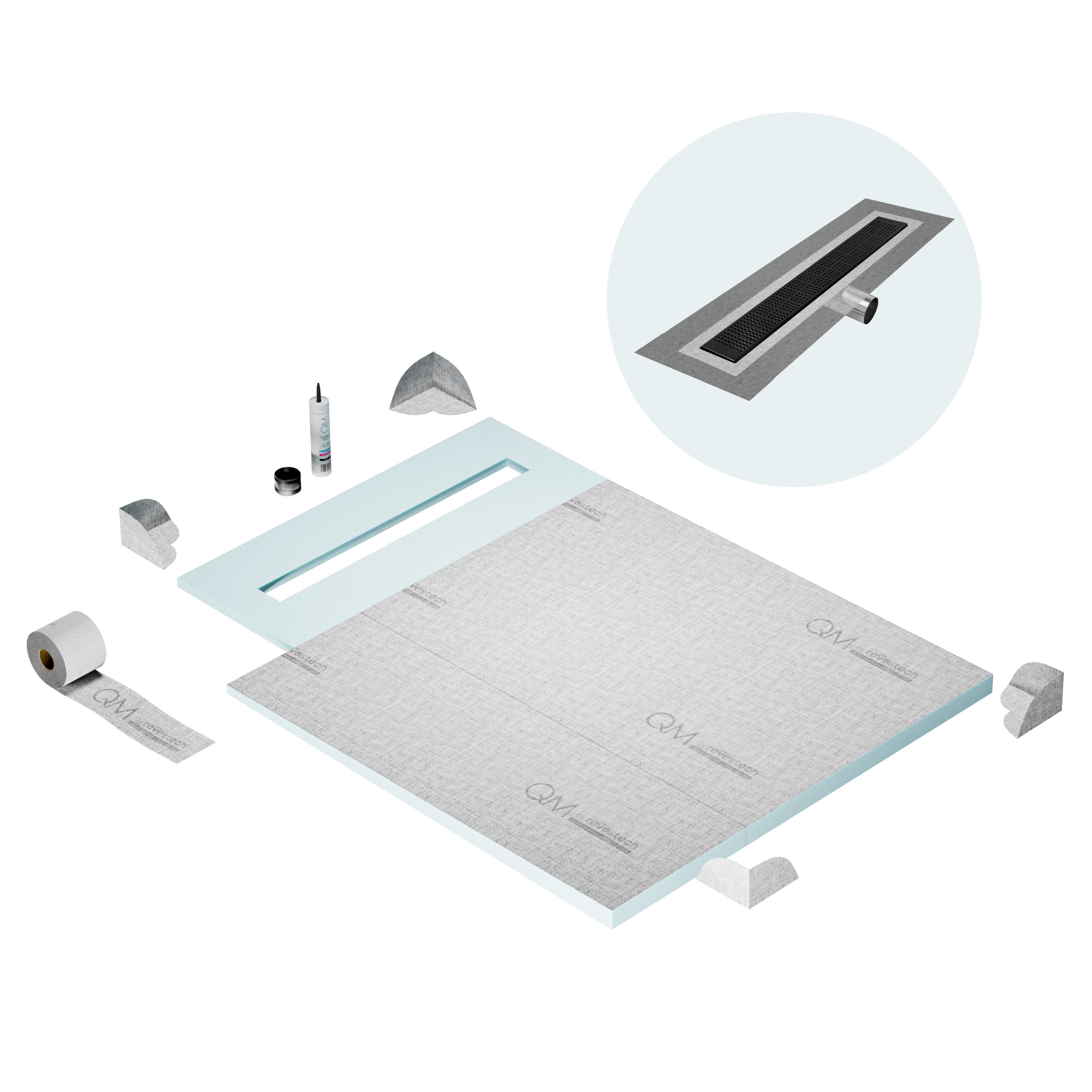 QM Shower Pan Curbless Kit 40" with a 32" Kai Linear Drain Flange Edge Side Outlet in Black