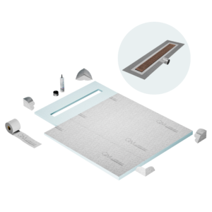 QM Shower Pan Curbless Kit 40″ with a 32″ Kai Linear Drain Flange Edge Side Outlet in Bronze