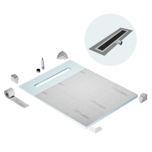 QM Shower Pan Curbless Kit 48″ with a 36″ Kai Linear Drain Flange Edge Side Outlet in Black
