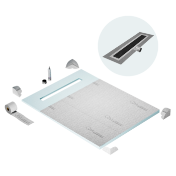 QM Shower Pan Curbless Kit 48" with a 36" Kai Linear Drain Flange Edge Side Outlet in Black