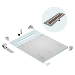 QM Shower Pan Curbless Kit 48″ with a 36″ Kai Linear Drain Flange Edge Side Outlet in Bronze