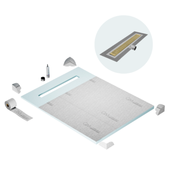 QM Shower Pan Curbless Kit 48" with a 36" Kai Linear Drain Flange Edge Side Outlet in Gold