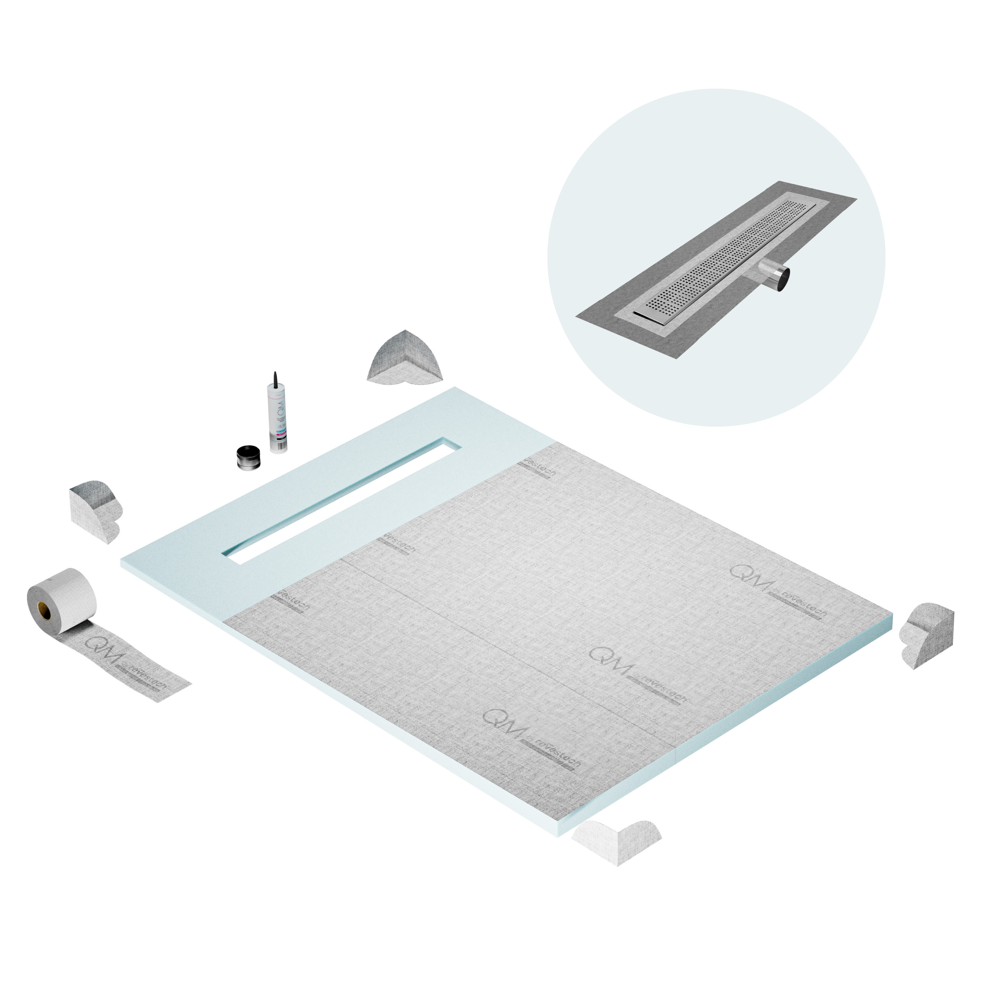 QM Shower Pan Curbless Kit 48" with a 36" Kai Linear Drain Flange Edge Side Outlet in Satin