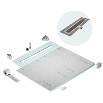 QM Shower Pan Curbless Kit 56" with a 48" Kai Linear Drain Flange Edge Side Outlet in Bronze