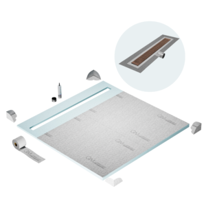 QM Shower Pan Curbless Kit 64″ with a 58″ Kai Linear Drain Flange Edge Side Outlet in Bronze