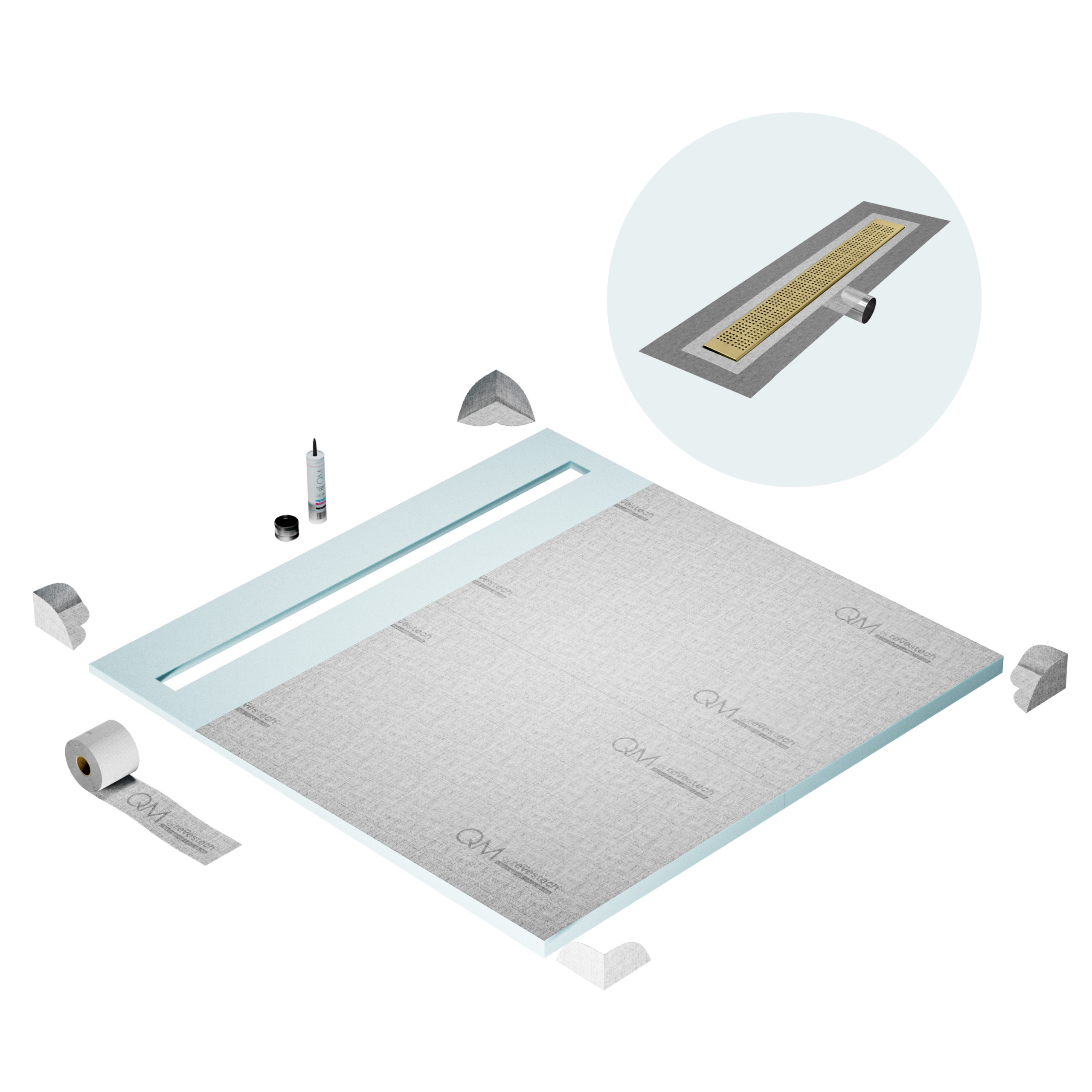 QM Shower Pan Curbless Kit 64" with a 58" Kai Linear Drain Flange Edge Side Outlet in Gold