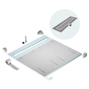 QM Shower Pan Curbless Kit 64″ with a 58″ Kai Linear Drain Flange Edge Side Outlet in Satin