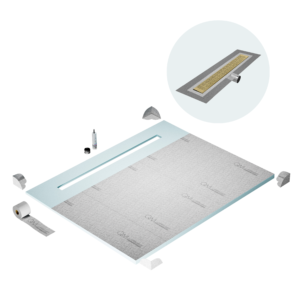 QM Shower Pan Curbless Kit 80″ with a 58″ Kai Linear Drain Flange Edge Side Outlet in Gold