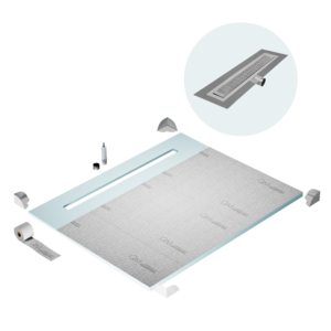 QM Shower Pan Curbless Kit 80″ with a 58″ Kai Linear Drain Flange Edge Side Outlet in Satin